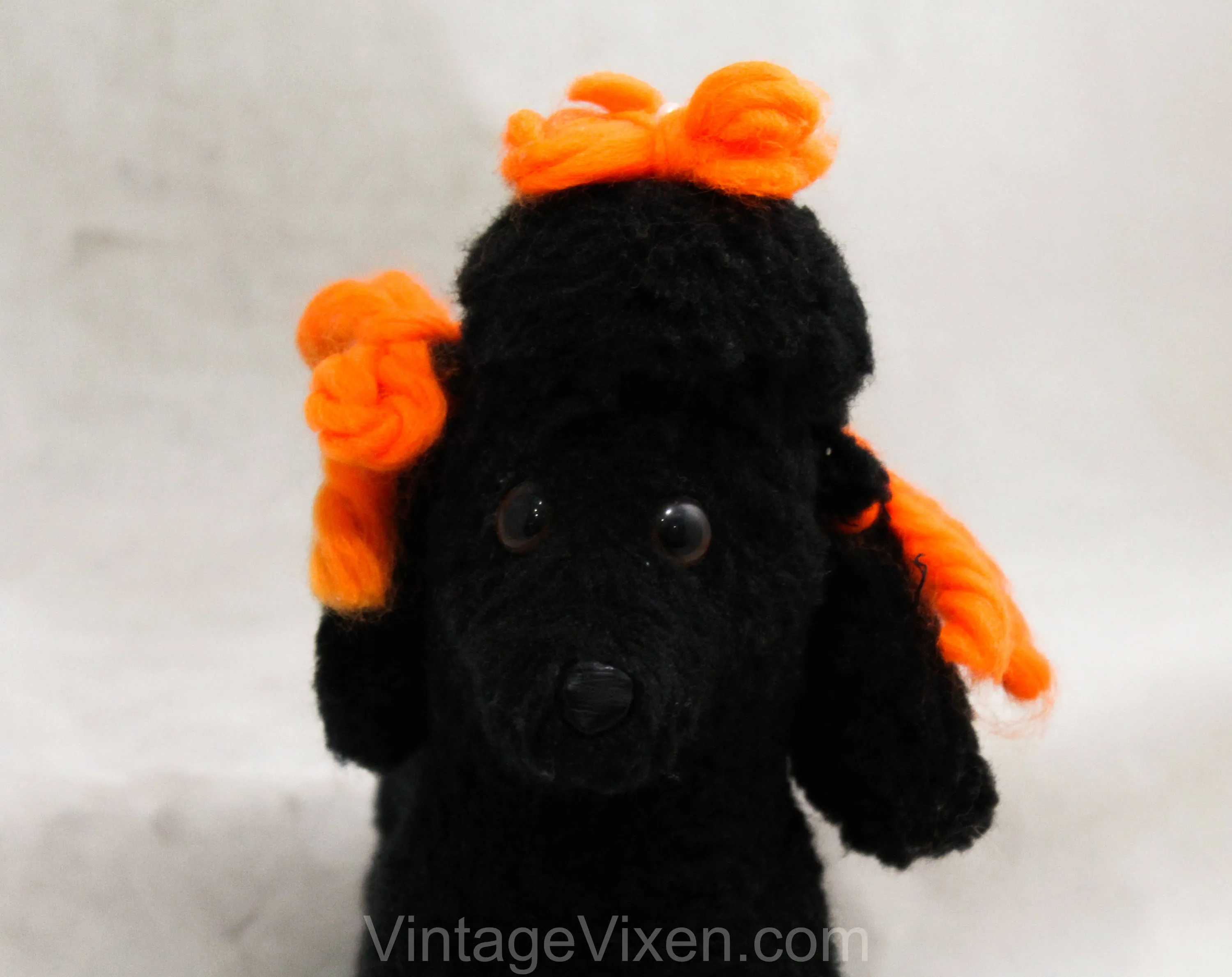 1950s Poodle Stuffed Animal - Black French Poodle Dog Toy - 50s 60s Cute Classic Mid Century Kitsch - Orange Yarn Ribbons - Fifi Stuffie
