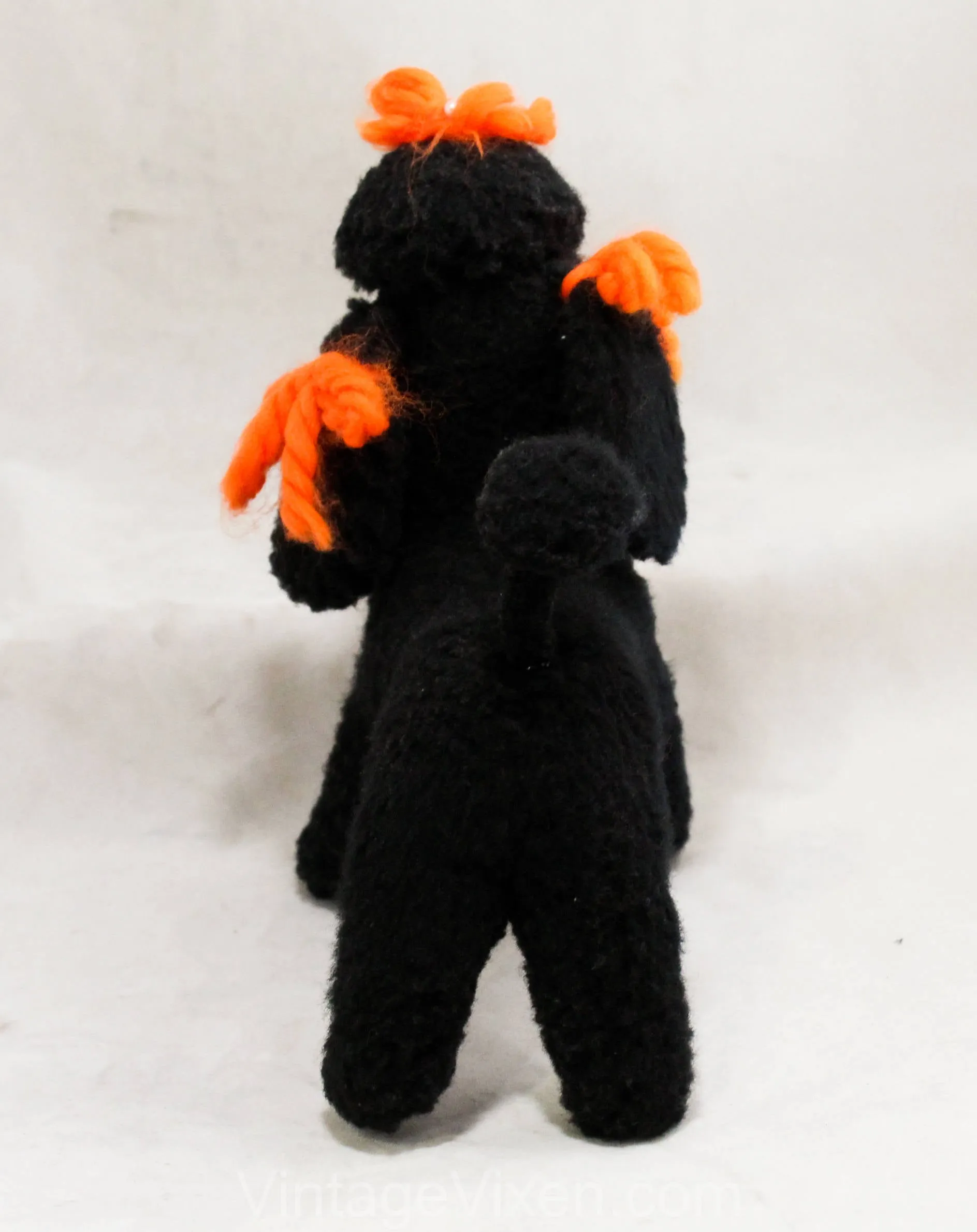 1950s Poodle Stuffed Animal - Black French Poodle Dog Toy - 50s 60s Cute Classic Mid Century Kitsch - Orange Yarn Ribbons - Fifi Stuffie