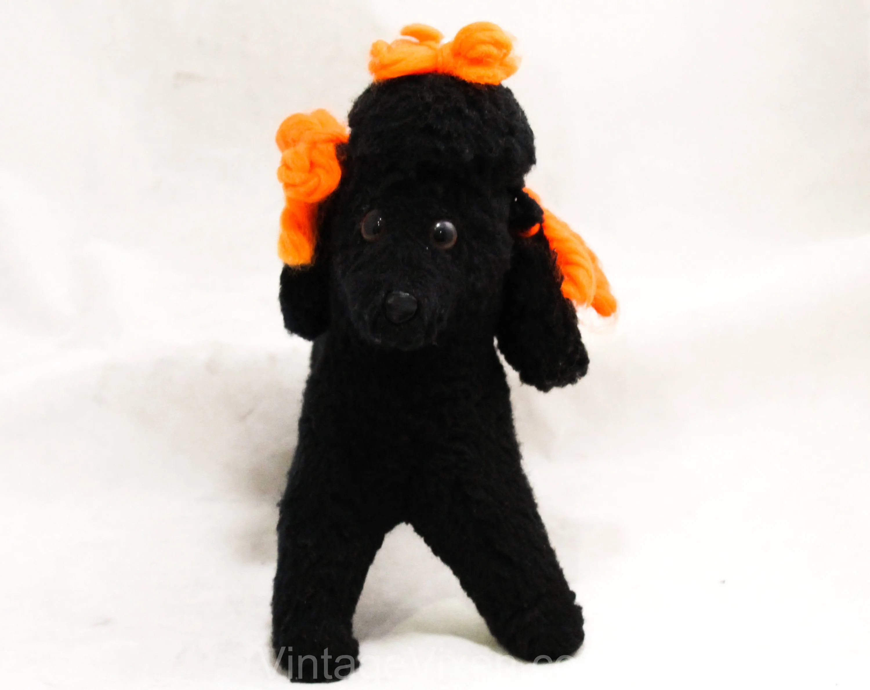 1950s Poodle Stuffed Animal - Black French Poodle Dog Toy - 50s 60s Cute Classic Mid Century Kitsch - Orange Yarn Ribbons - Fifi Stuffie