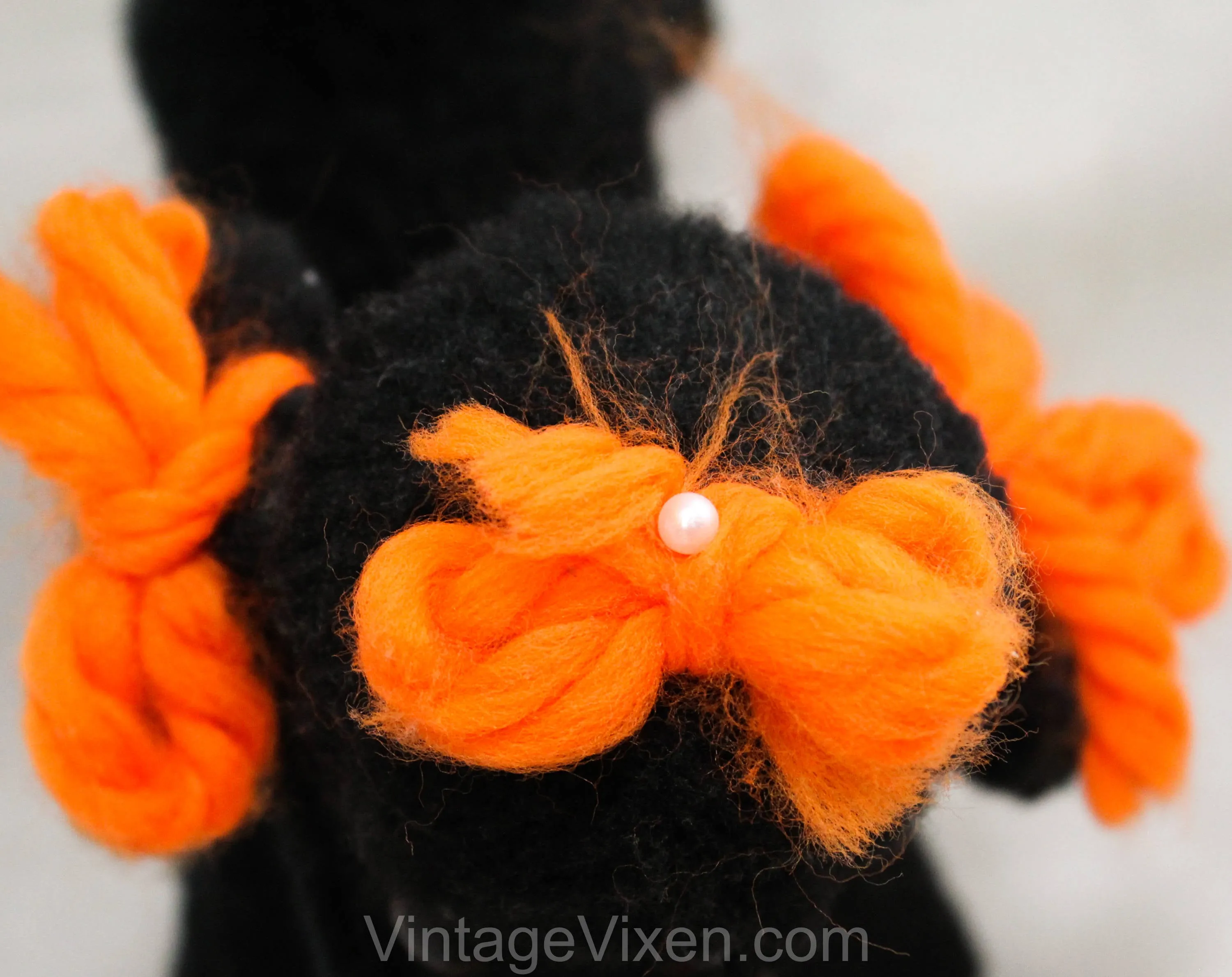 1950s Poodle Stuffed Animal - Black French Poodle Dog Toy - 50s 60s Cute Classic Mid Century Kitsch - Orange Yarn Ribbons - Fifi Stuffie