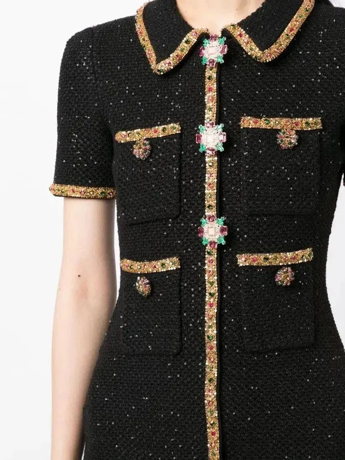 Appliqué-Detail Black Knitted Mini Dress