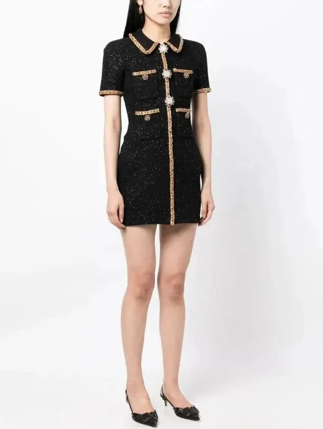 Appliqué-Detail Black Knitted Mini Dress