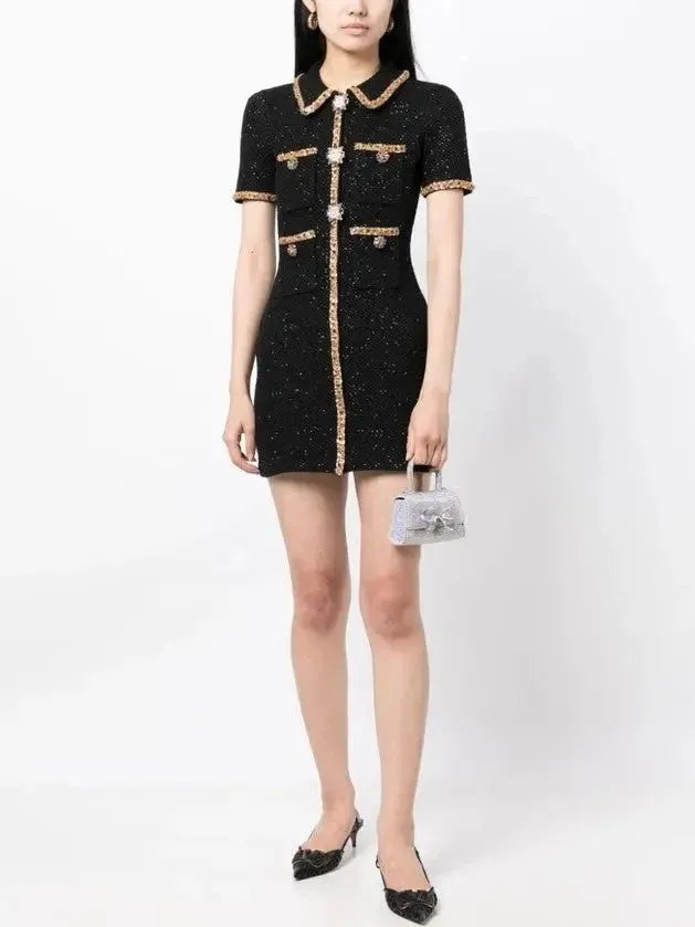 Appliqué-Detail Black Knitted Mini Dress