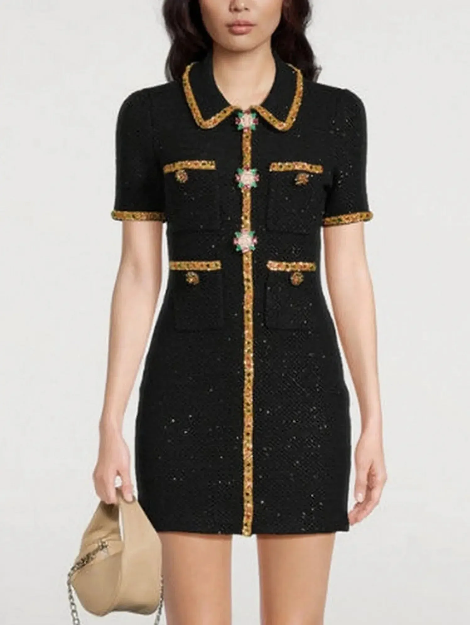 Appliqué-Detail Black Knitted Mini Dress