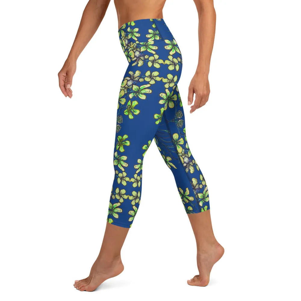 Blue Orchids Yoga Capri Leggings, Floral Print Women's Yoga Capris Tights-Made in USA/EU