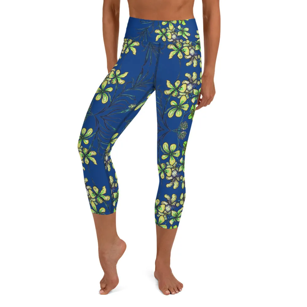 Blue Orchids Yoga Capri Leggings, Floral Print Women's Yoga Capris Tights-Made in USA/EU
