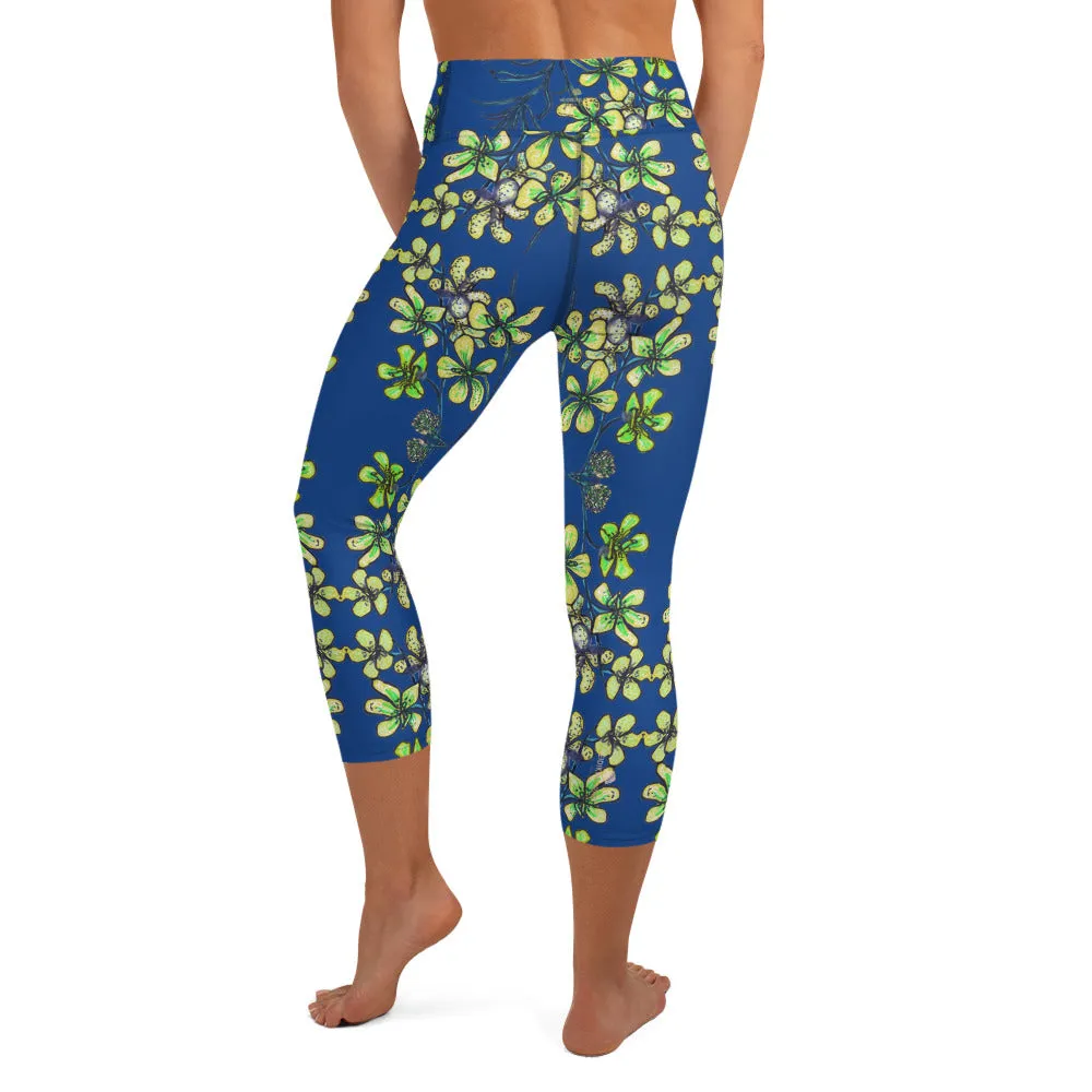 Blue Orchids Yoga Capri Leggings, Floral Print Women's Yoga Capris Tights-Made in USA/EU