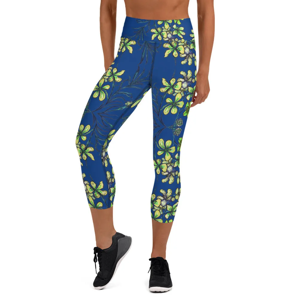 Blue Orchids Yoga Capri Leggings, Floral Print Women's Yoga Capris Tights-Made in USA/EU