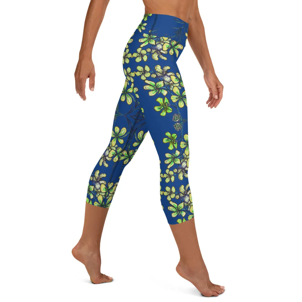 Blue Orchids Yoga Capri Leggings, Floral Print Women's Yoga Capris Tights-Made in USA/EU
