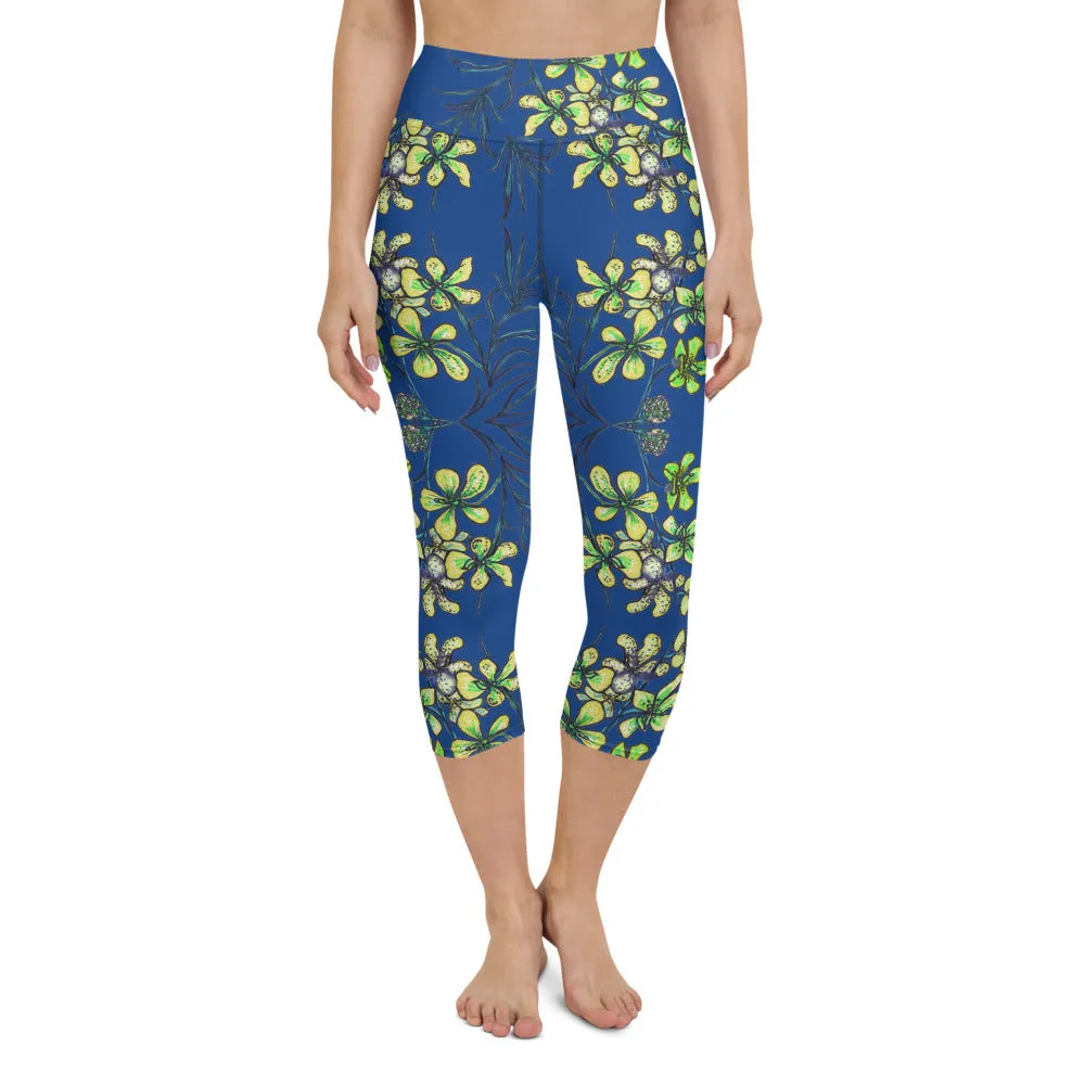 Blue Orchids Yoga Capri Leggings, Floral Print Women's Yoga Capris Tights-Made in USA/EU