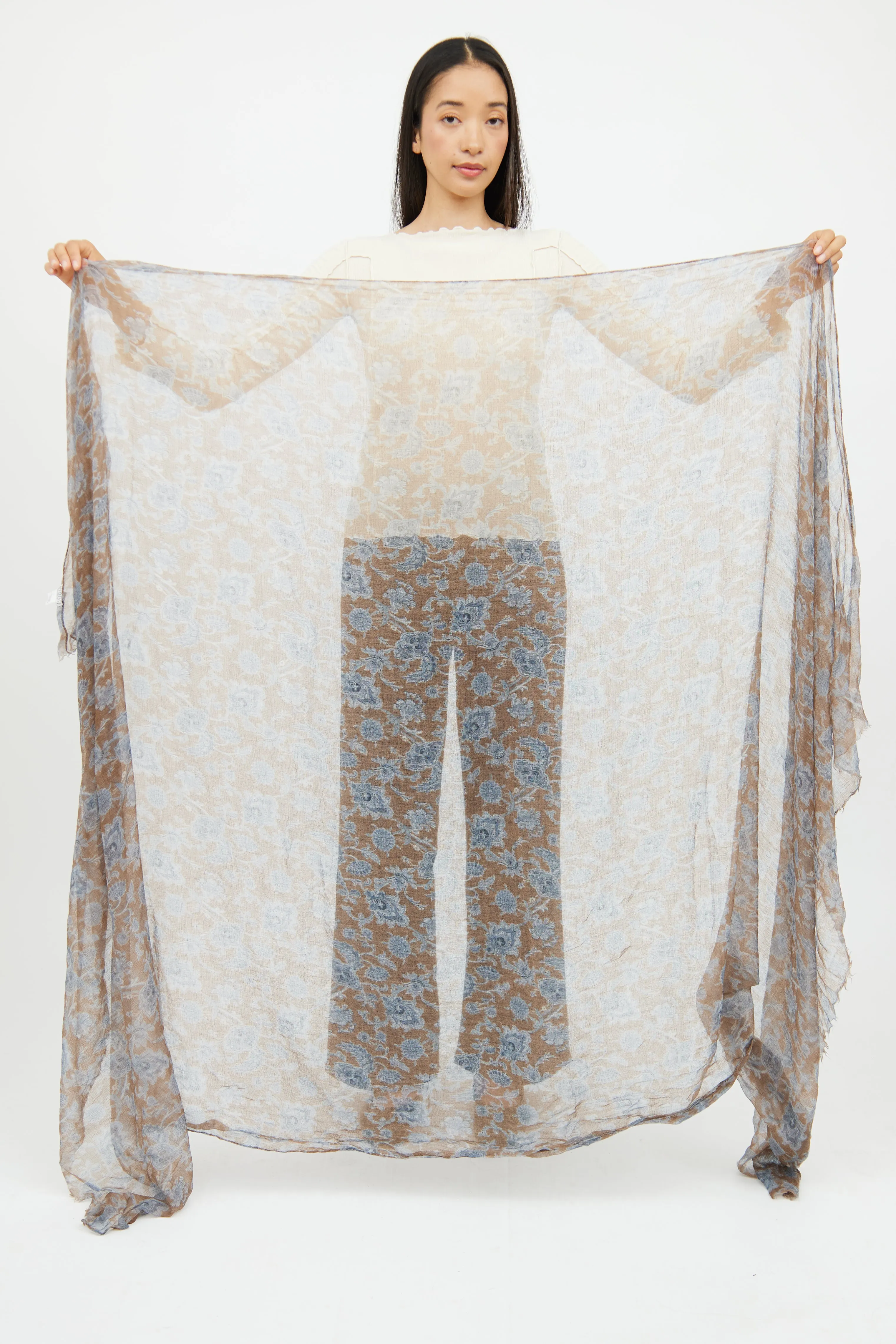 Brown & Blue Floral Cashmere Scarf