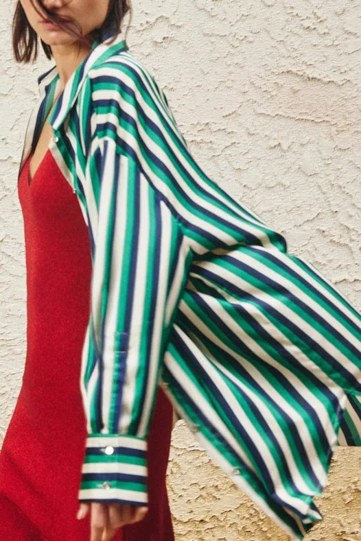 Button Down Stripe Satin Effect Dressy Shirts Green Multi