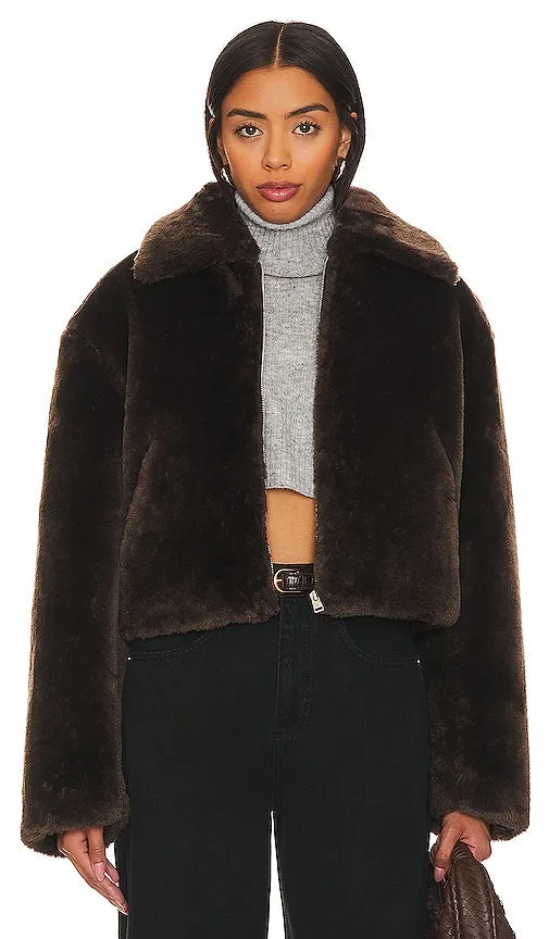 FRAME Faux Fur Zip Up Jacket in Chocolate