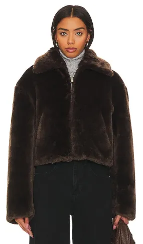 FRAME Faux Fur Zip Up Jacket in Chocolate