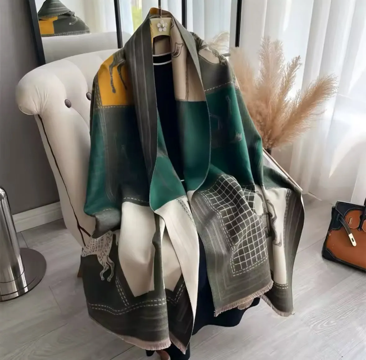 Green Yellow Classic Equestrian Scarf/Shawl