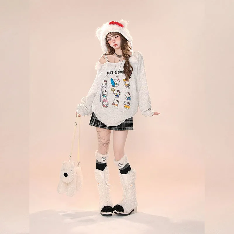 Kawaii Cartoon Hello Kitty Embroidered Off-shoulder Sweater