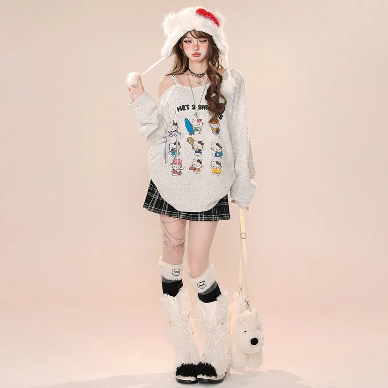 Kawaii Cartoon Hello Kitty Embroidered Off-shoulder Sweater