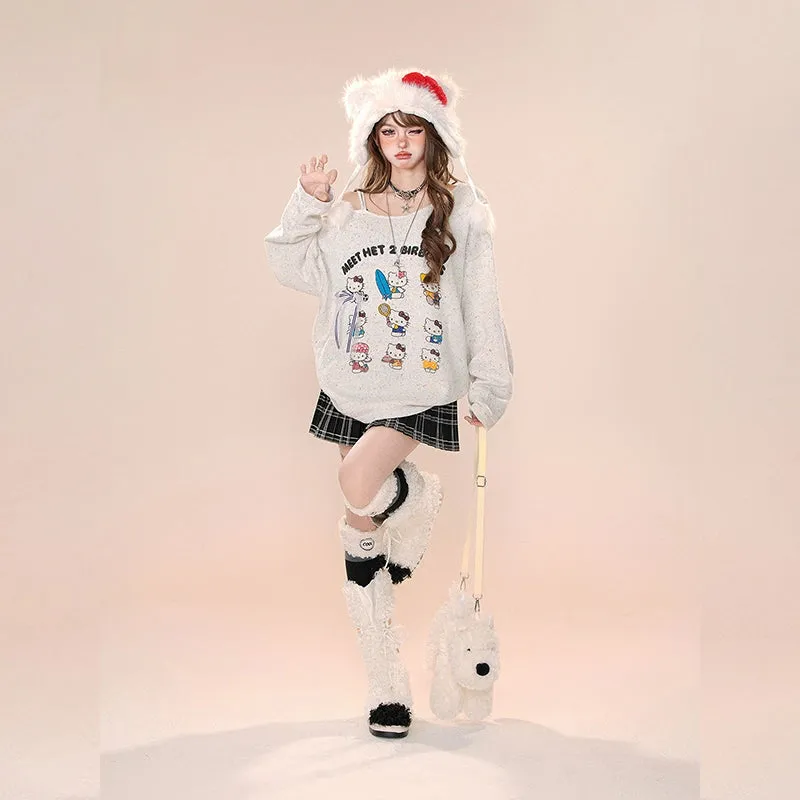 Kawaii Cartoon Hello Kitty Embroidered Off-shoulder Sweater