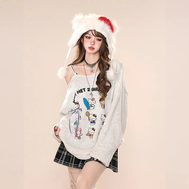 Kawaii Cartoon Hello Kitty Embroidered Off-shoulder Sweater