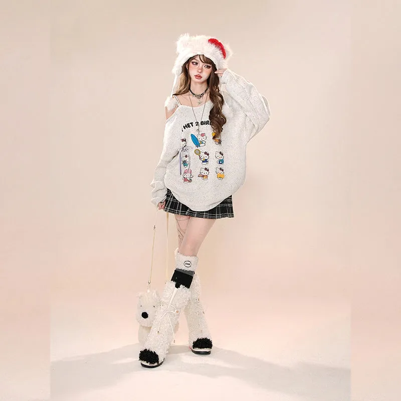 Kawaii Cartoon Hello Kitty Embroidered Off-shoulder Sweater
