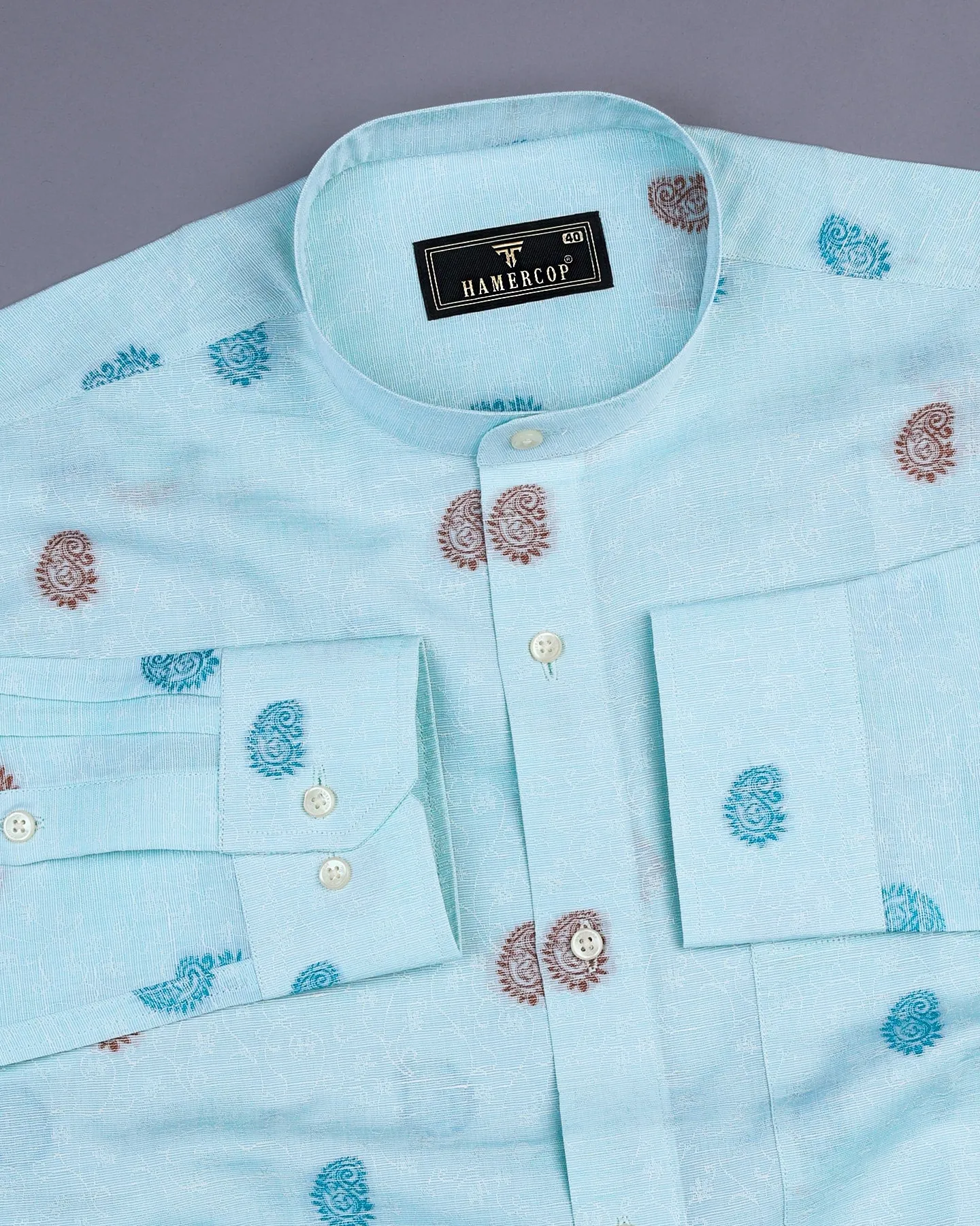 Light Cyan Blue Jacquard Paisley Premium Cotton Shirt