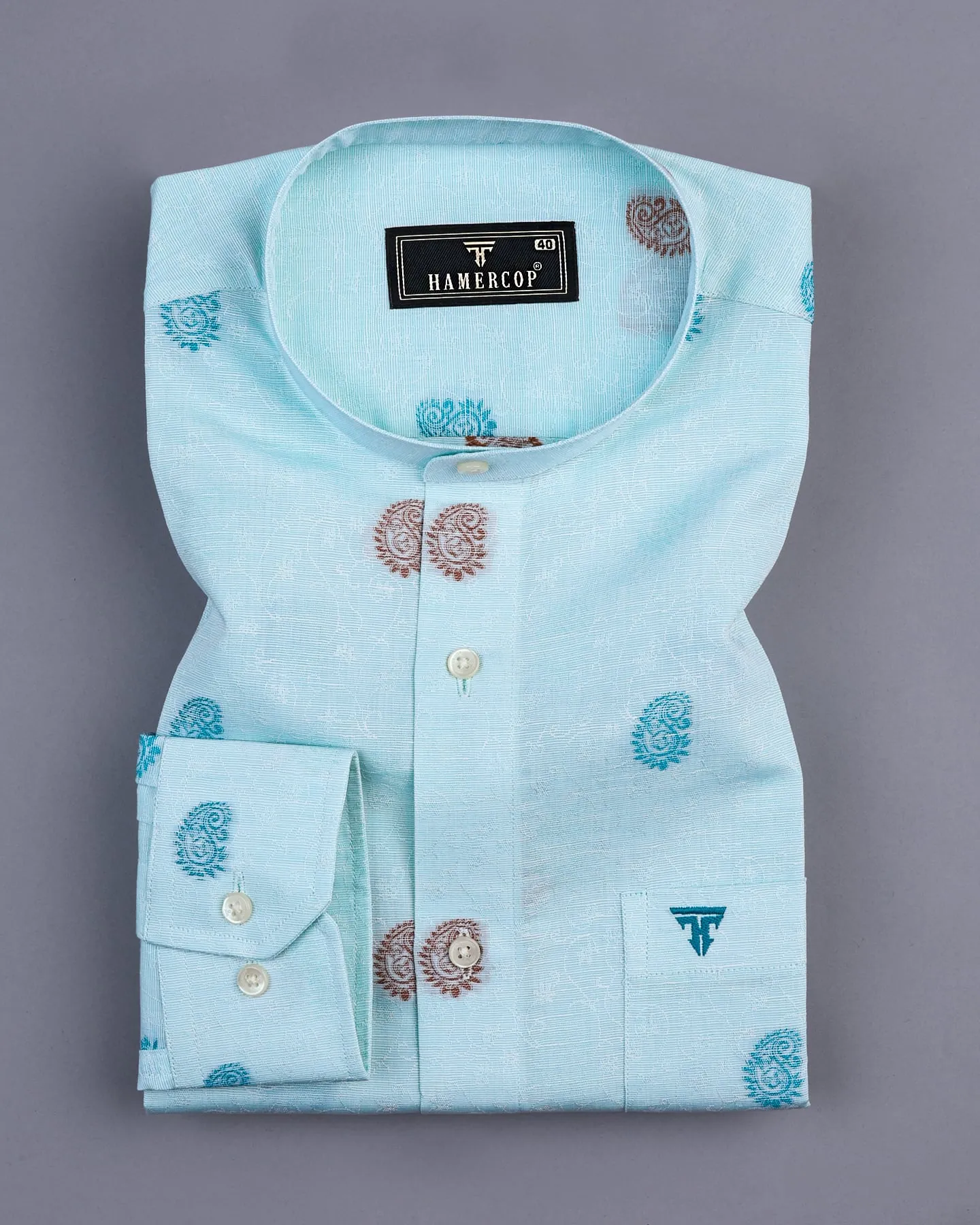 Light Cyan Blue Jacquard Paisley Premium Cotton Shirt