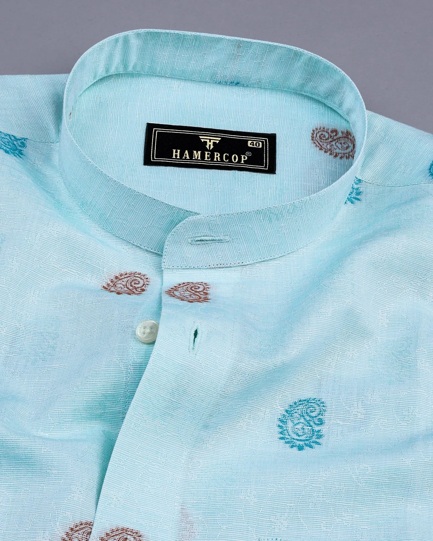 Light Cyan Blue Jacquard Paisley Premium Cotton Shirt