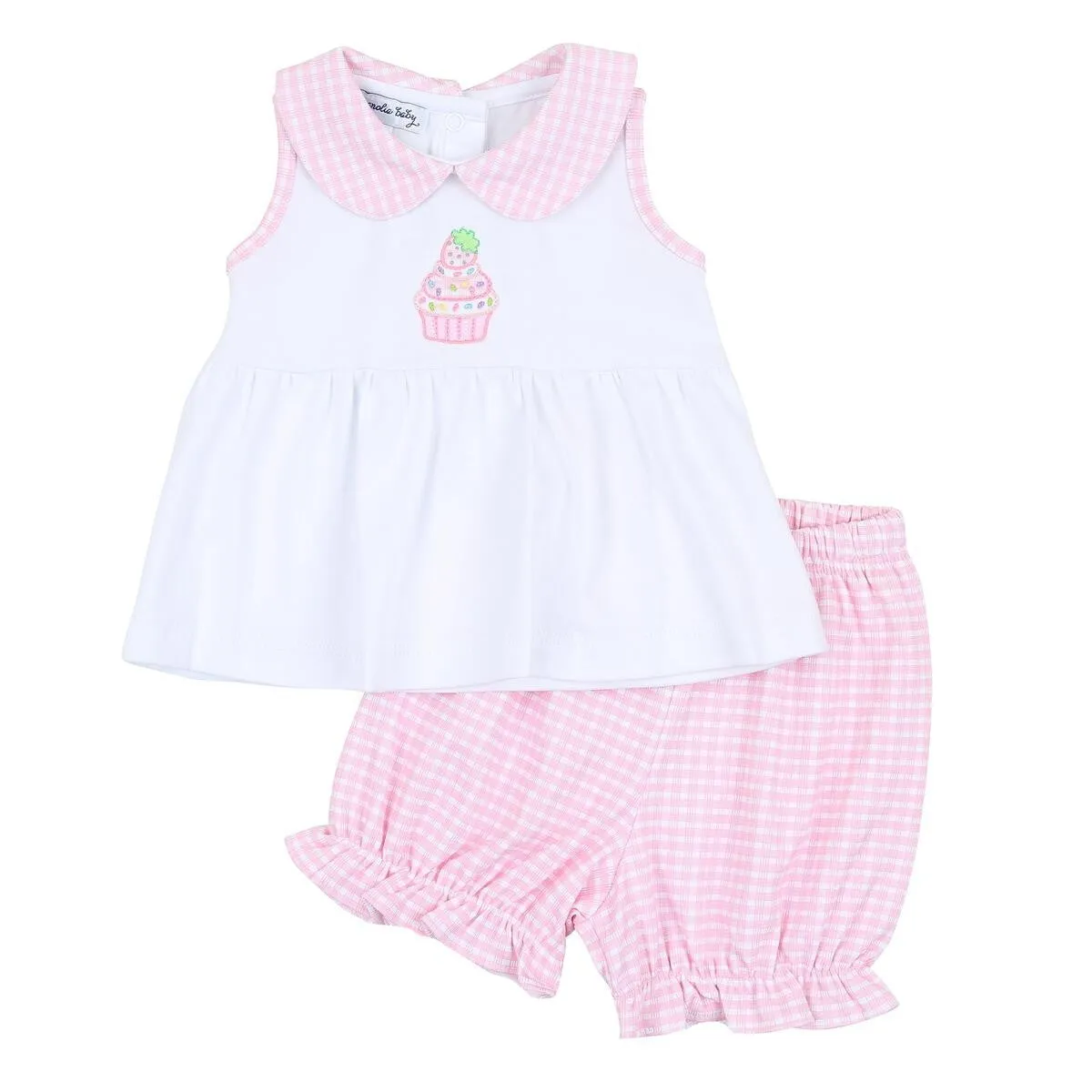 Magnolia Baby Girls Pink Check Strawberry Birthday Cupcake Bloomers Set