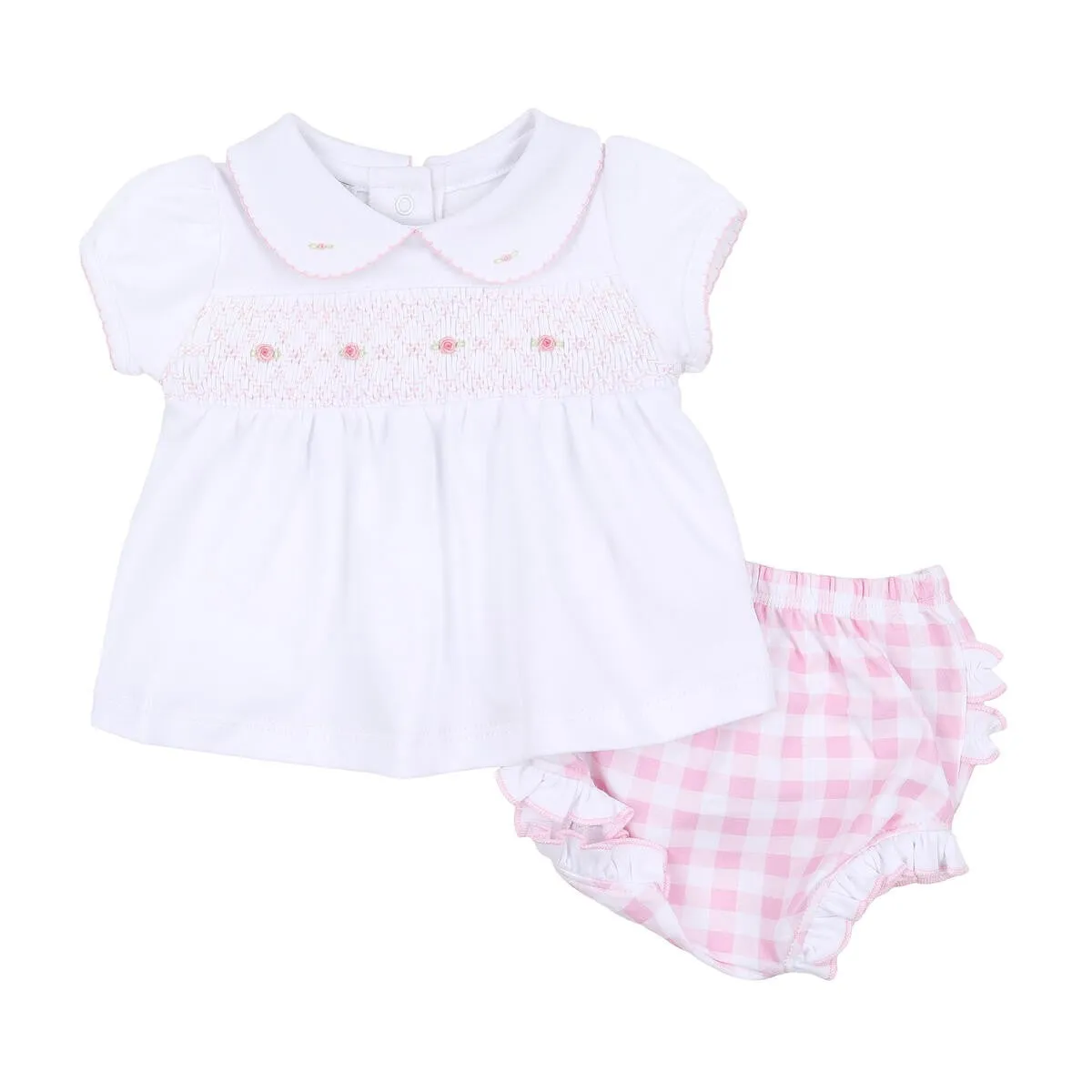 Magnolia Baby Girls Pink Checks Smocked Collared Ruffle Bloomers Set