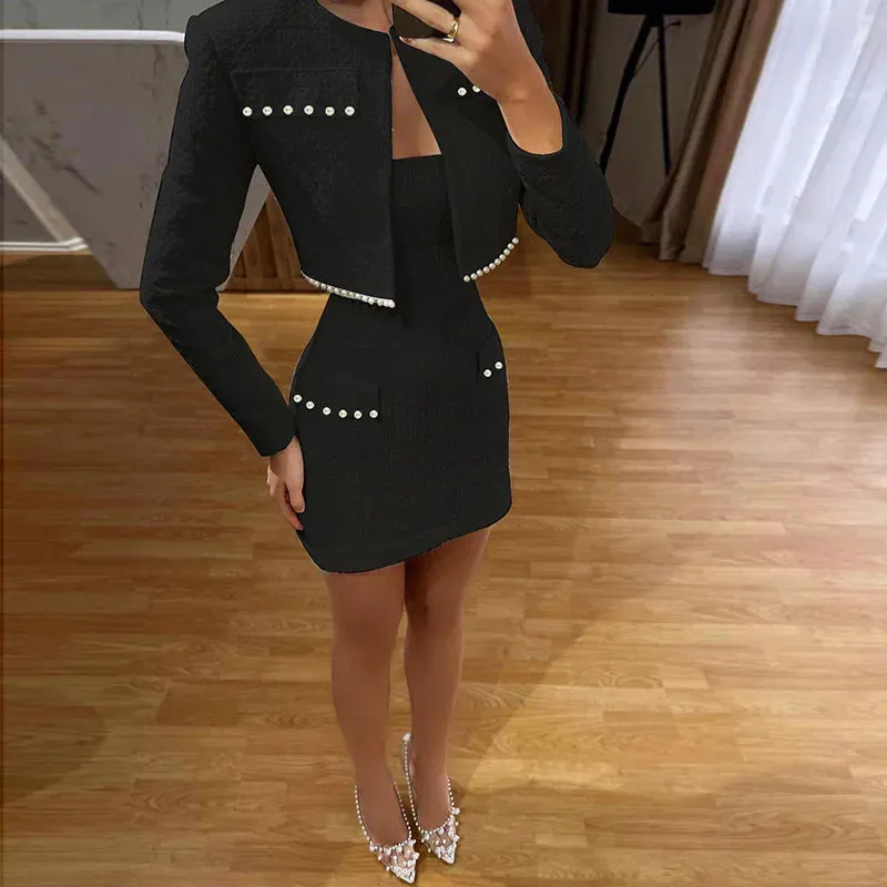 Mini Strapless Bodycon   Crop Blazer Matching Set Outfit - Professional