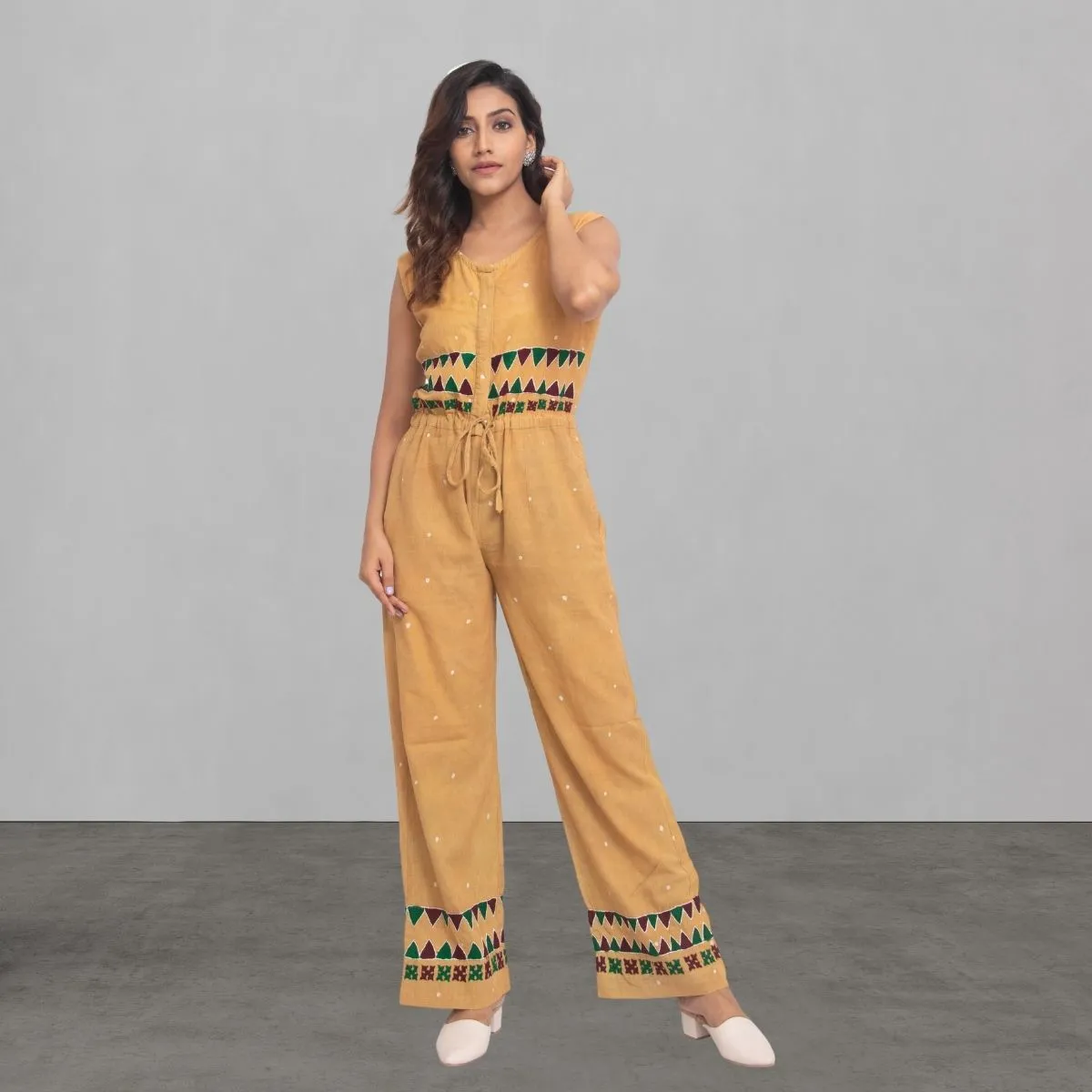 Muted Mustard Yellow Jumpsuit | Batik and Kantha Embroidered | Smart Casual