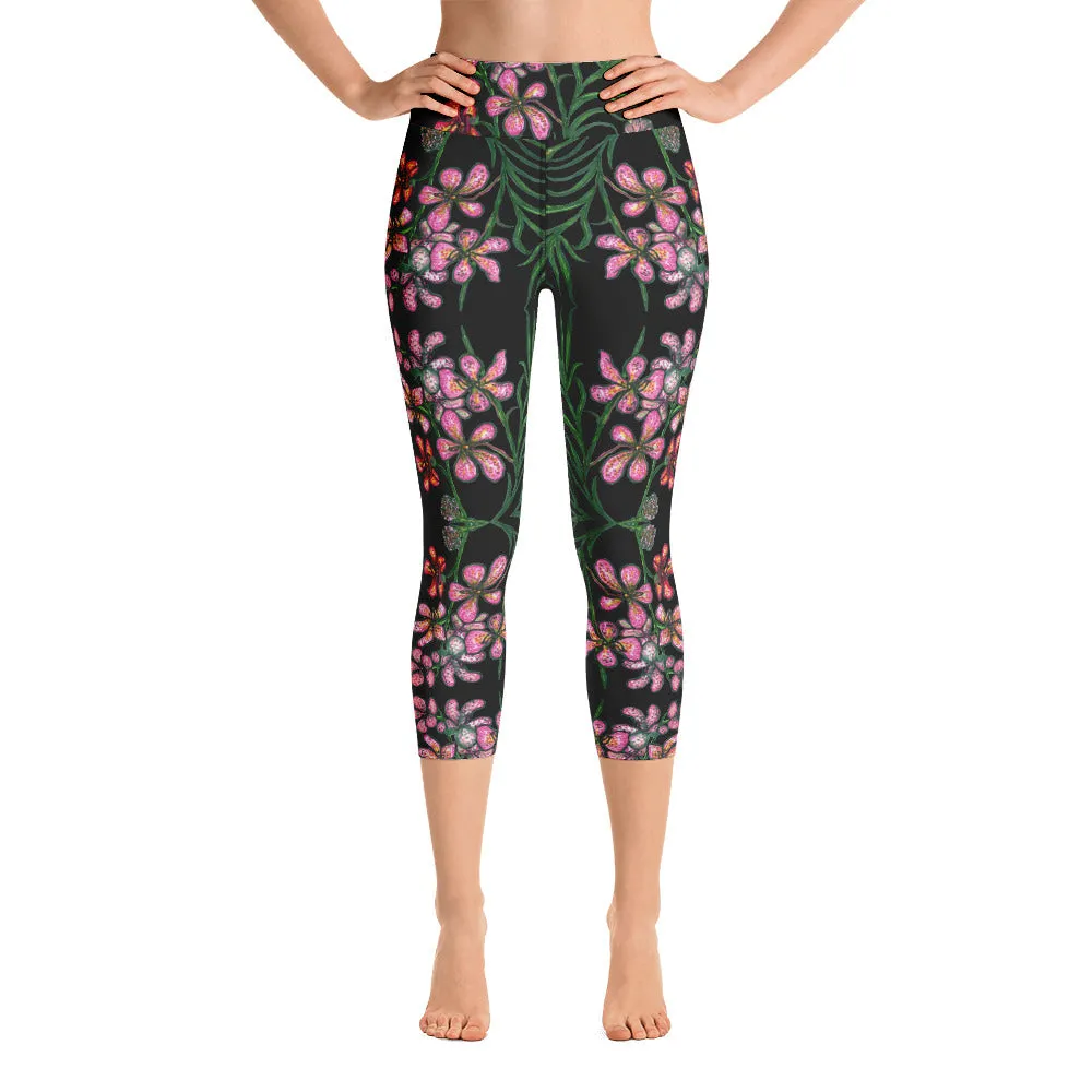 Pink Floral Yoga Capri Leggings, Orchids Flower Print Best Capris Tights-Made in USA/EU