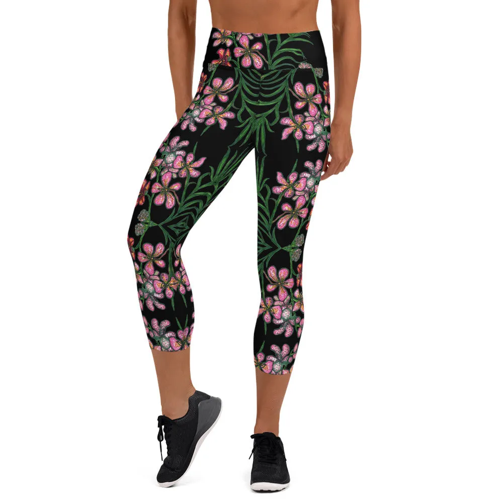 Pink Floral Yoga Capri Leggings, Orchids Flower Print Best Capris Tights-Made in USA/EU