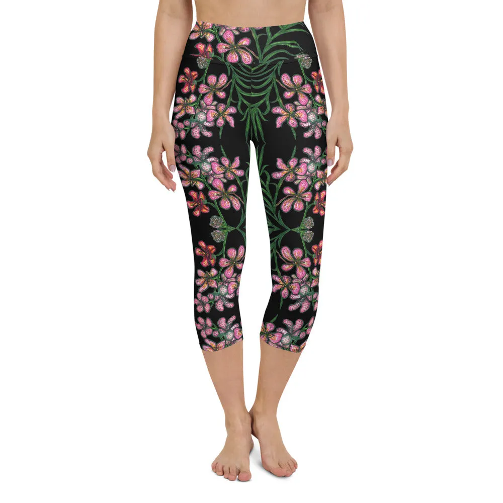 Pink Floral Yoga Capri Leggings, Orchids Flower Print Best Capris Tights-Made in USA/EU