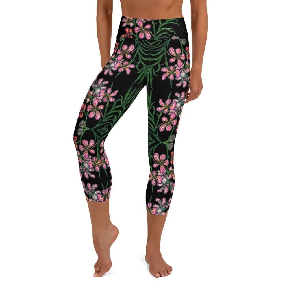 Pink Floral Yoga Capri Leggings, Orchids Flower Print Best Capris Tights-Made in USA/EU