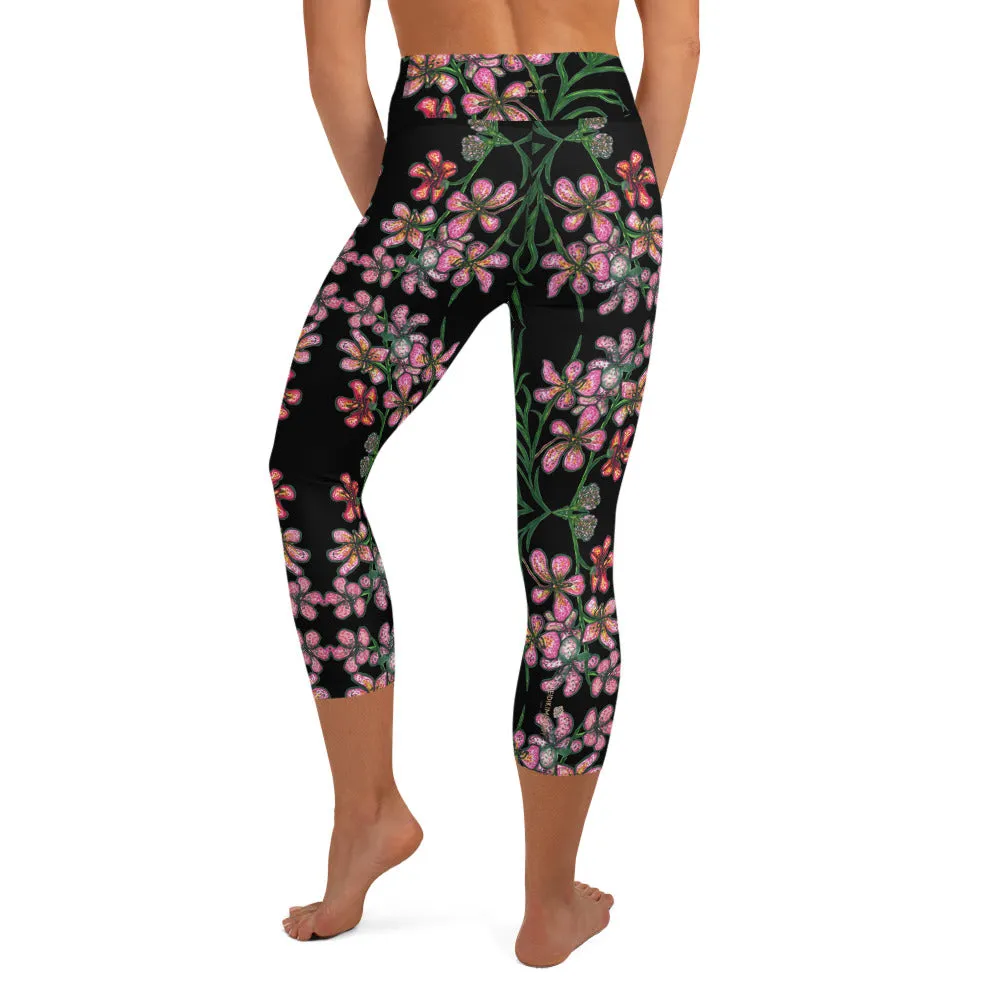 Pink Floral Yoga Capri Leggings, Orchids Flower Print Best Capris Tights-Made in USA/EU
