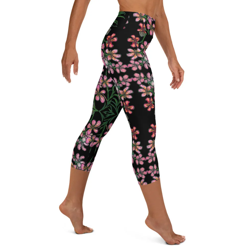 Pink Floral Yoga Capri Leggings, Orchids Flower Print Best Capris Tights-Made in USA/EU
