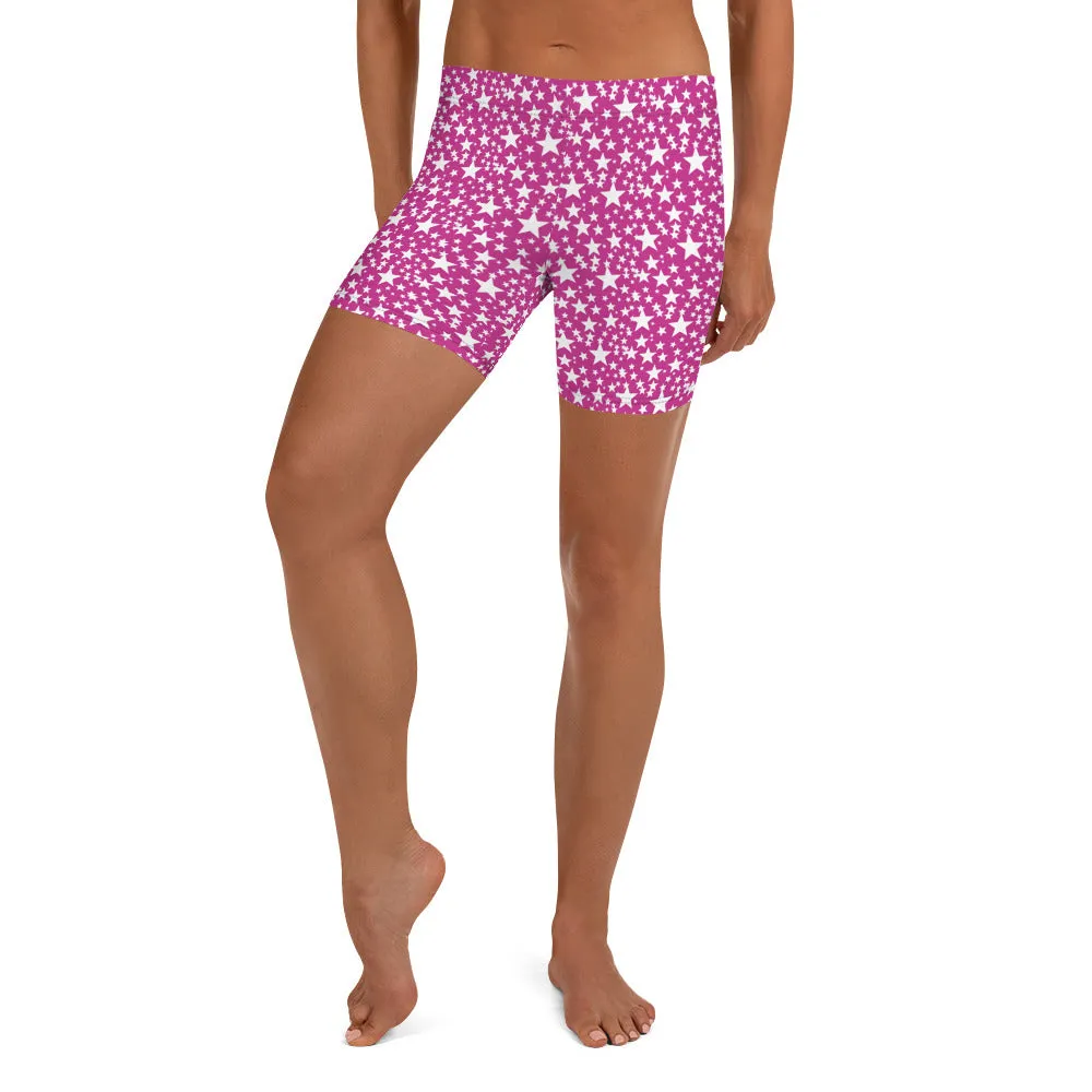Pink White Stars Patterned Shorts, Best Stars Print Pattern Women's Stretchy Shorts Tight Fashion Shorts- Made in USA/EU
