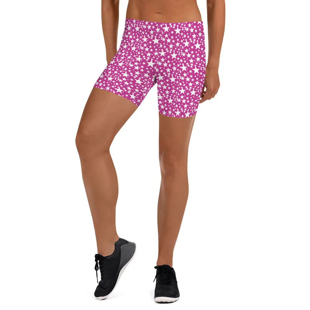Pink White Stars Patterned Shorts, Best Stars Print Pattern Women's Stretchy Shorts Tight Fashion Shorts- Made in USA/EU