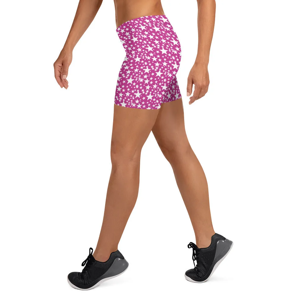 Pink White Stars Patterned Shorts, Best Stars Print Pattern Women's Stretchy Shorts Tight Fashion Shorts- Made in USA/EU