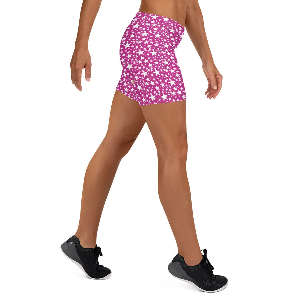 Pink White Stars Patterned Shorts, Best Stars Print Pattern Women's Stretchy Shorts Tight Fashion Shorts- Made in USA/EU