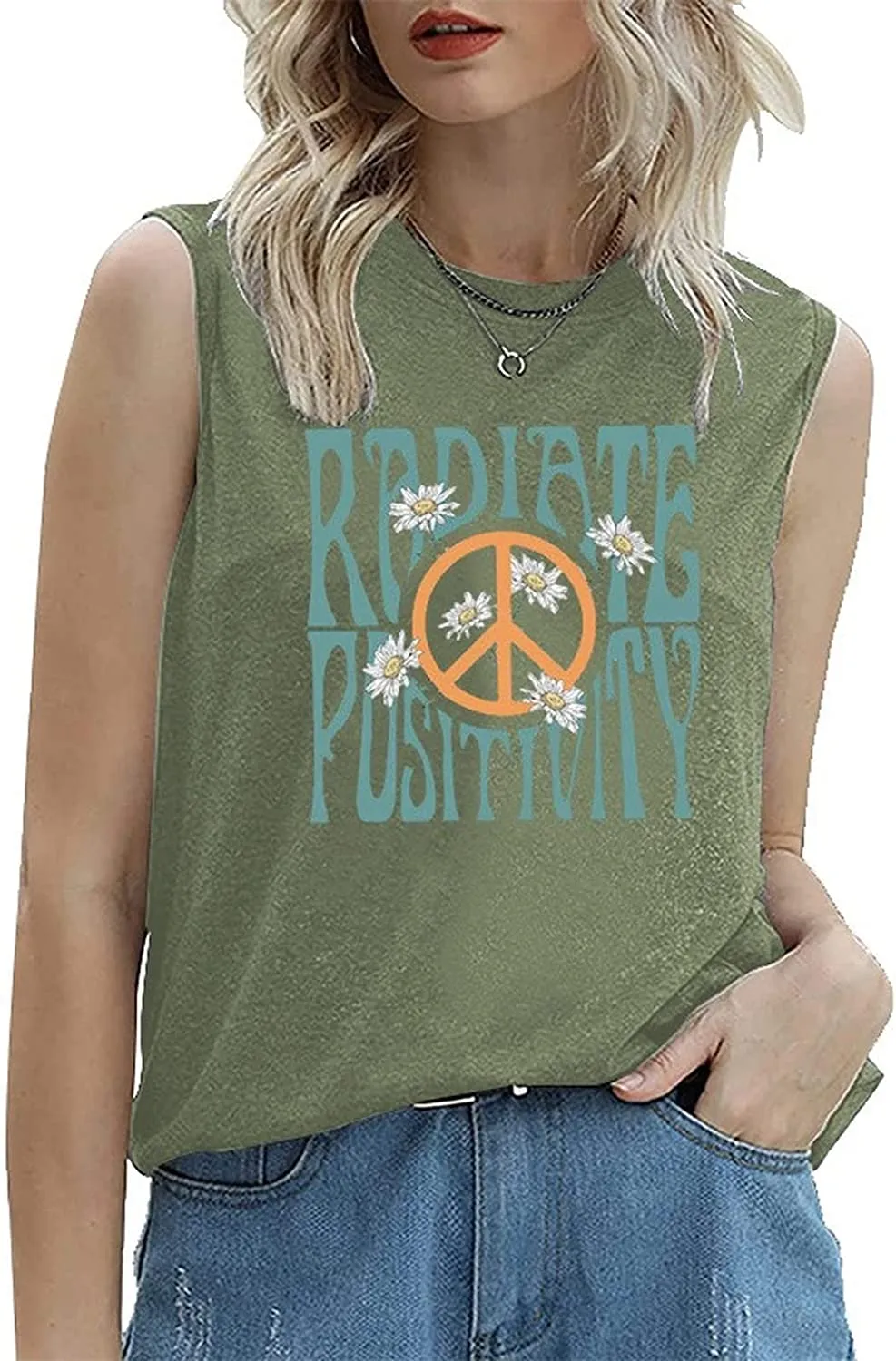 Radiate Positivity Sleeveless Shirt for Women Floral Tank Shirt Peace Love Radiate Positivity Daisy Shirt