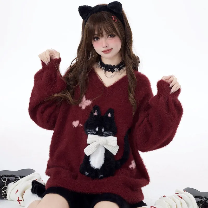 Sweet Girly Style Lazy Kitten Embroidered Sweater