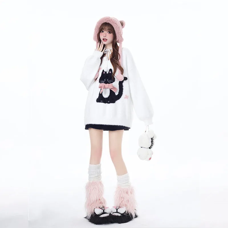 Sweet Girly Style Lazy Kitten Embroidered Sweater