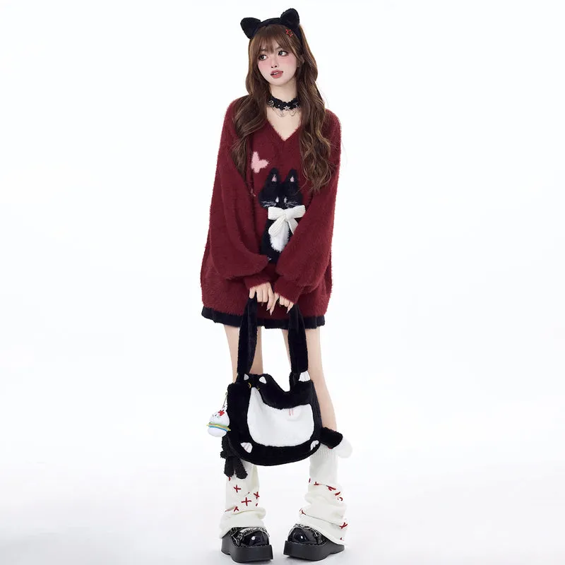 Sweet Girly Style Lazy Kitten Embroidered Sweater