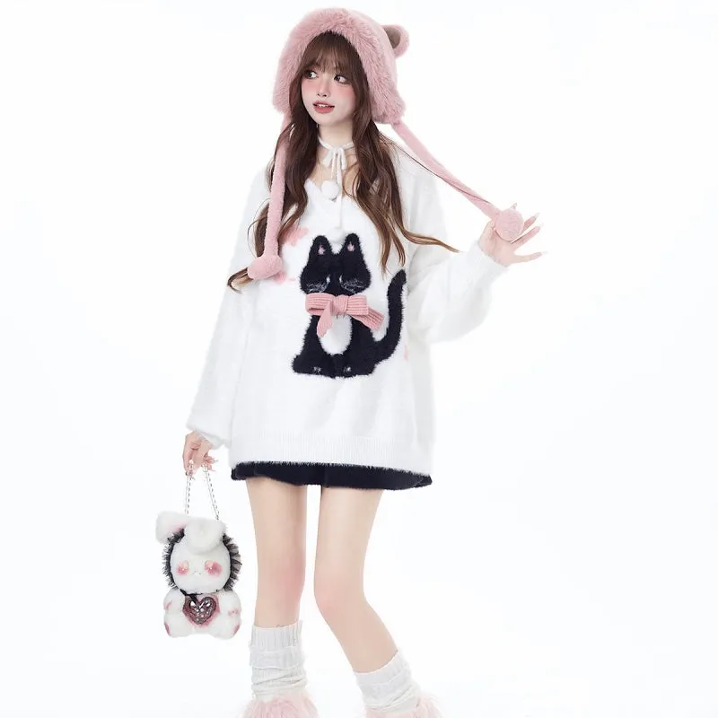 Sweet Girly Style Lazy Kitten Embroidered Sweater