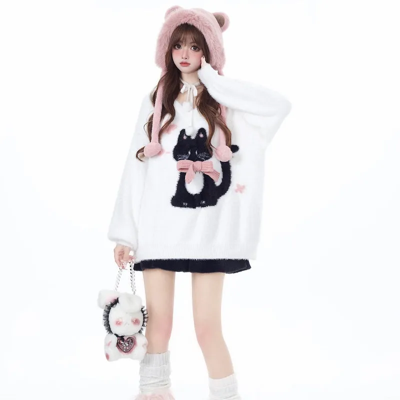 Sweet Girly Style Lazy Kitten Embroidered Sweater