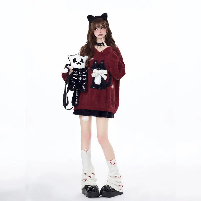 Sweet Girly Style Lazy Kitten Embroidered Sweater