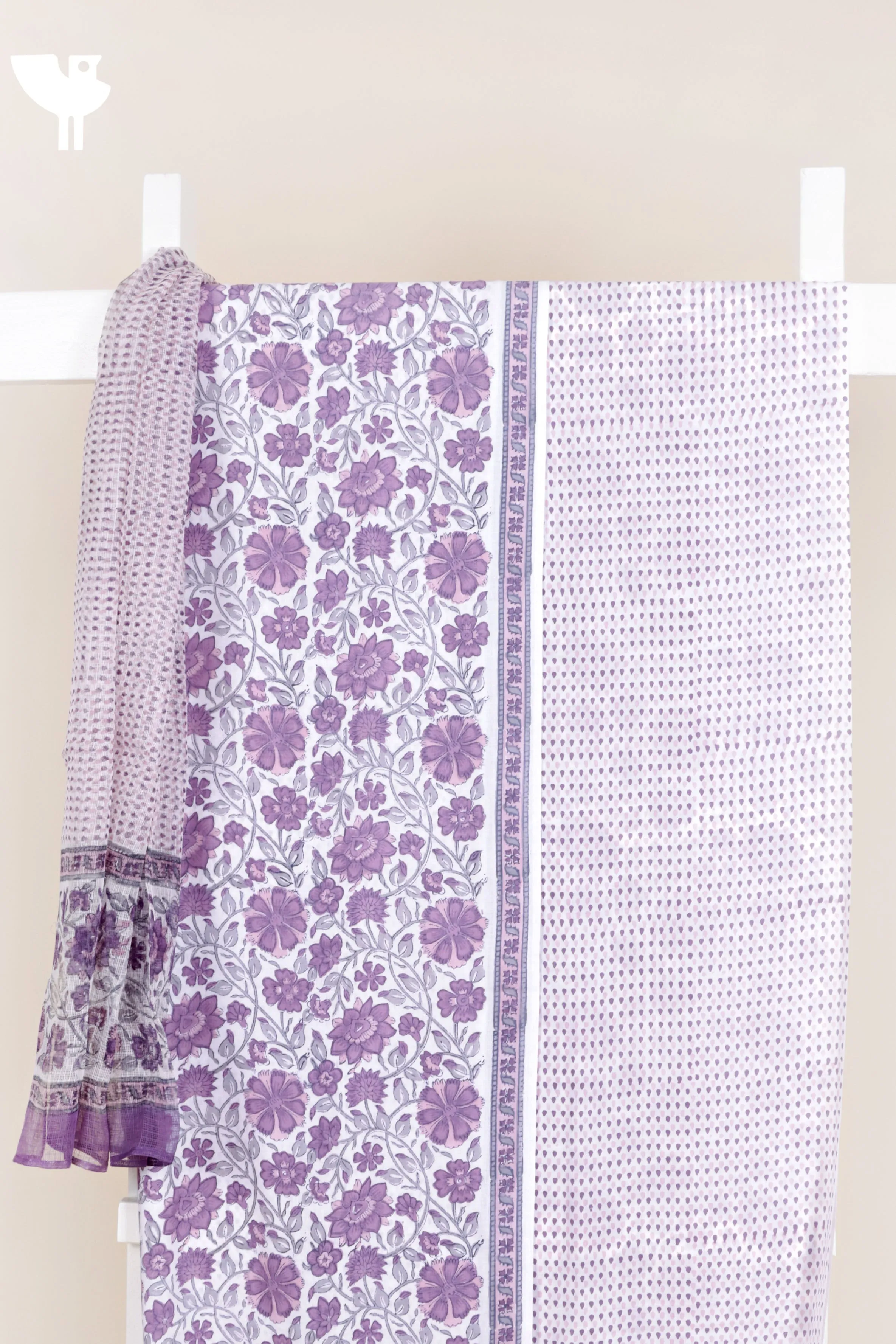 Terry Voile Dress Material With Kota Doria Dupatta In Floral Block Print