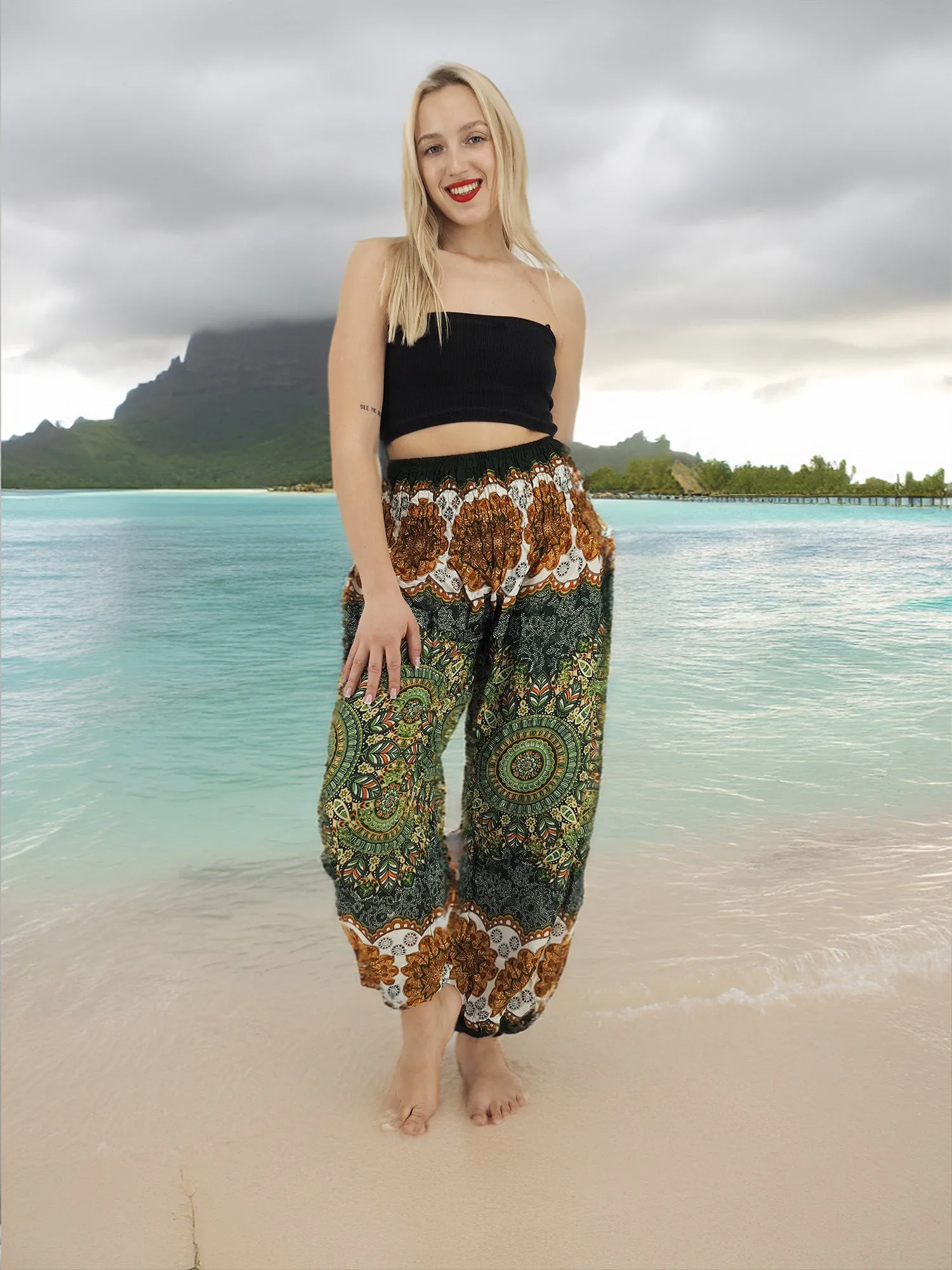 Unisex Harem Yoga Hippie Boho Pants in Green And Brown Tones Color L
